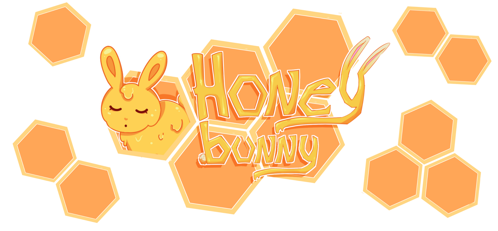 Logo. A bunny made of honey is coming out of a honeycomb. In the center is written "Honey Bunny".