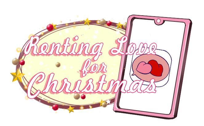 Game's logo. A pink cellphone shows a white screen with a single heart icon on the center. On the left side is written "Renting Love for Christmas".