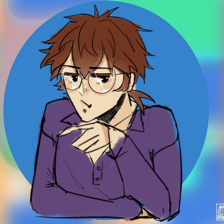 Alex's original character, Lucius. The man has long black hair, red eyes, and a deep scar from his lip corner to his cheek top. He wears glasses and a long neck coat.